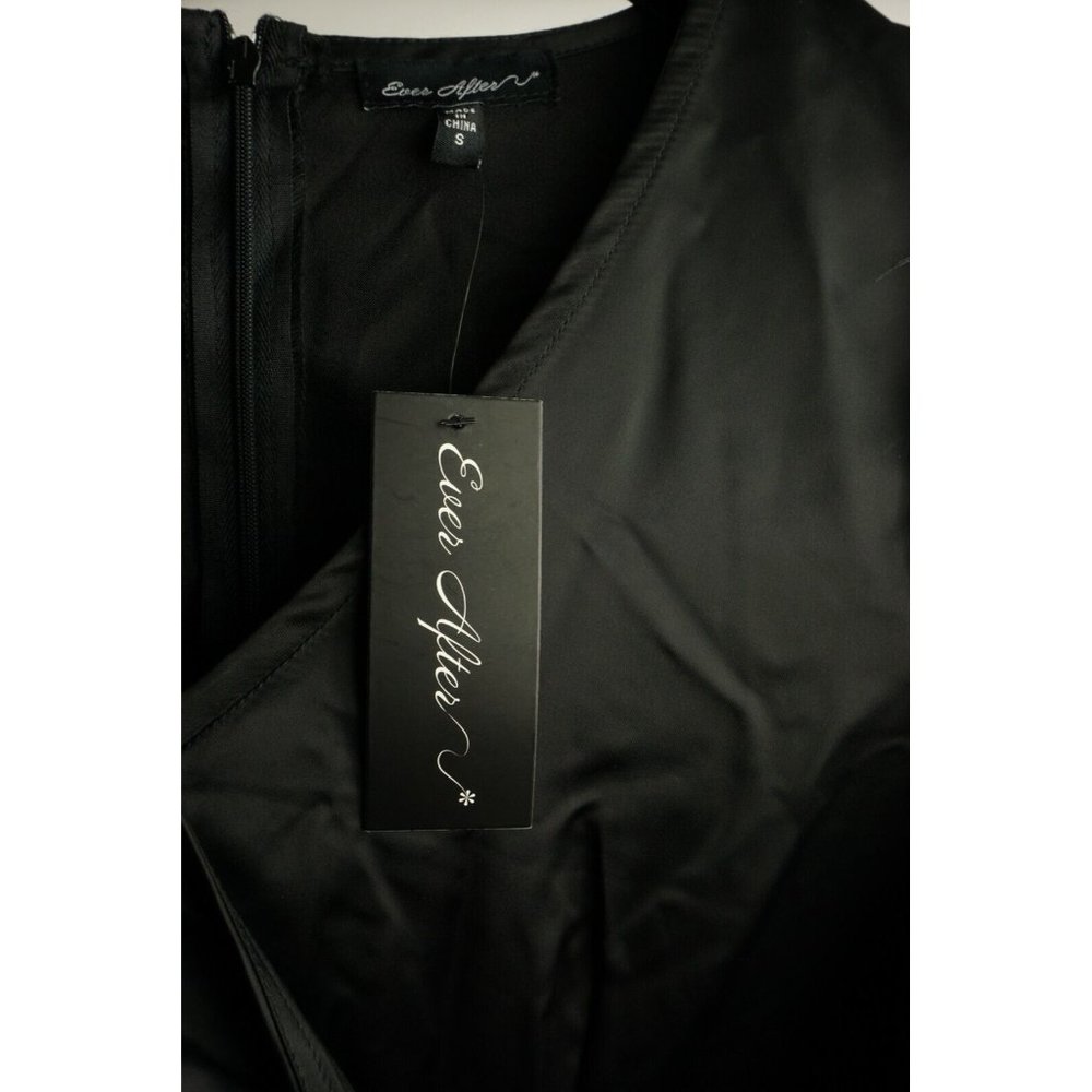 New Ever After Women's S‎ Long Sleeve Black Satin Faux Wrap Tie Waist Mini Dress - Picture 3 of 7